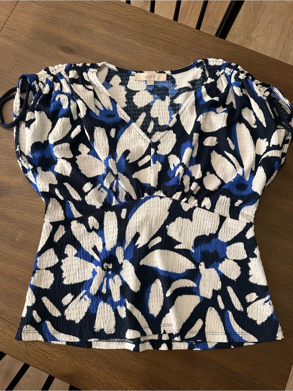 LOFT Navy, Royal Blue & White Floral V-Neck Smocked Waist Top